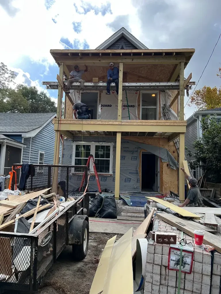 Mid-construction photo of an exterior porch addition by Legacy Renovations in the Castle Street District.